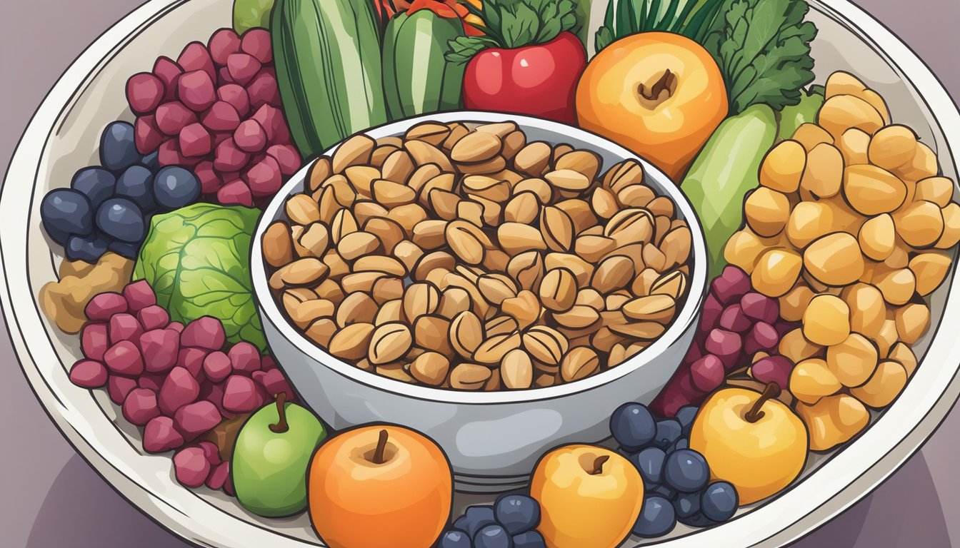 A bowl of mixed nuts, surrounded by vibrant, whole fruits and vegetables, with a clear expiration date label