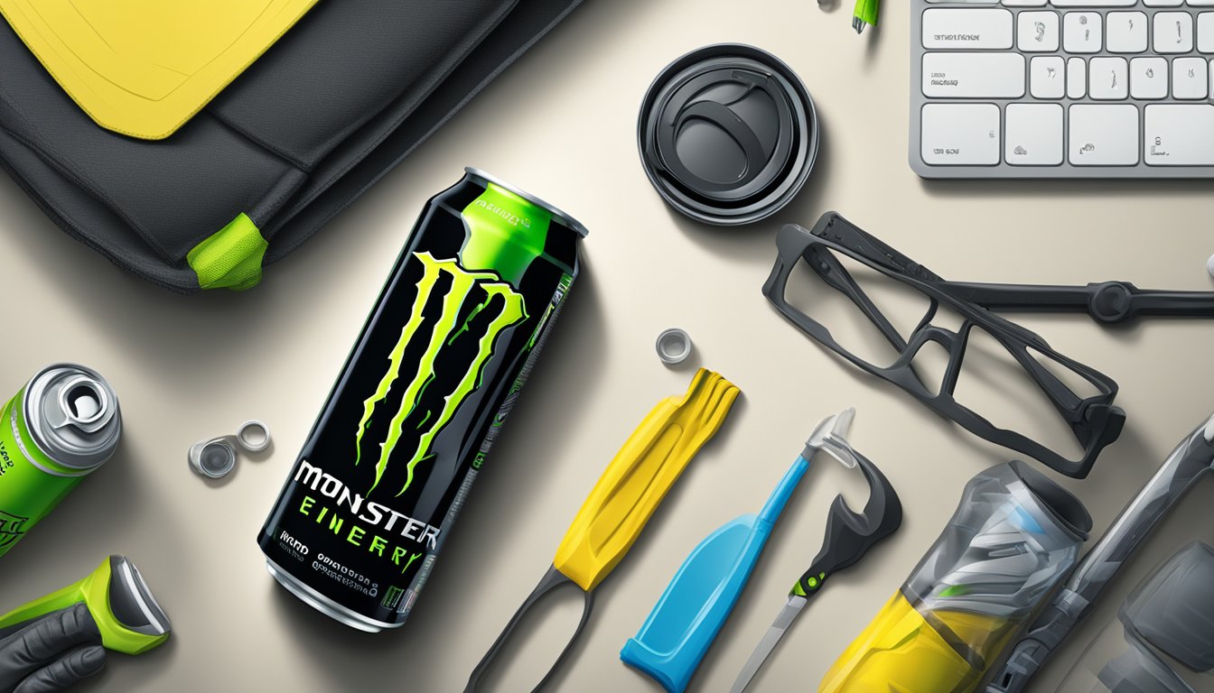 An unopened can of Monster Energy Drink sits on a clean, clutter-free desk, surrounded by safety equipment such as gloves and goggles