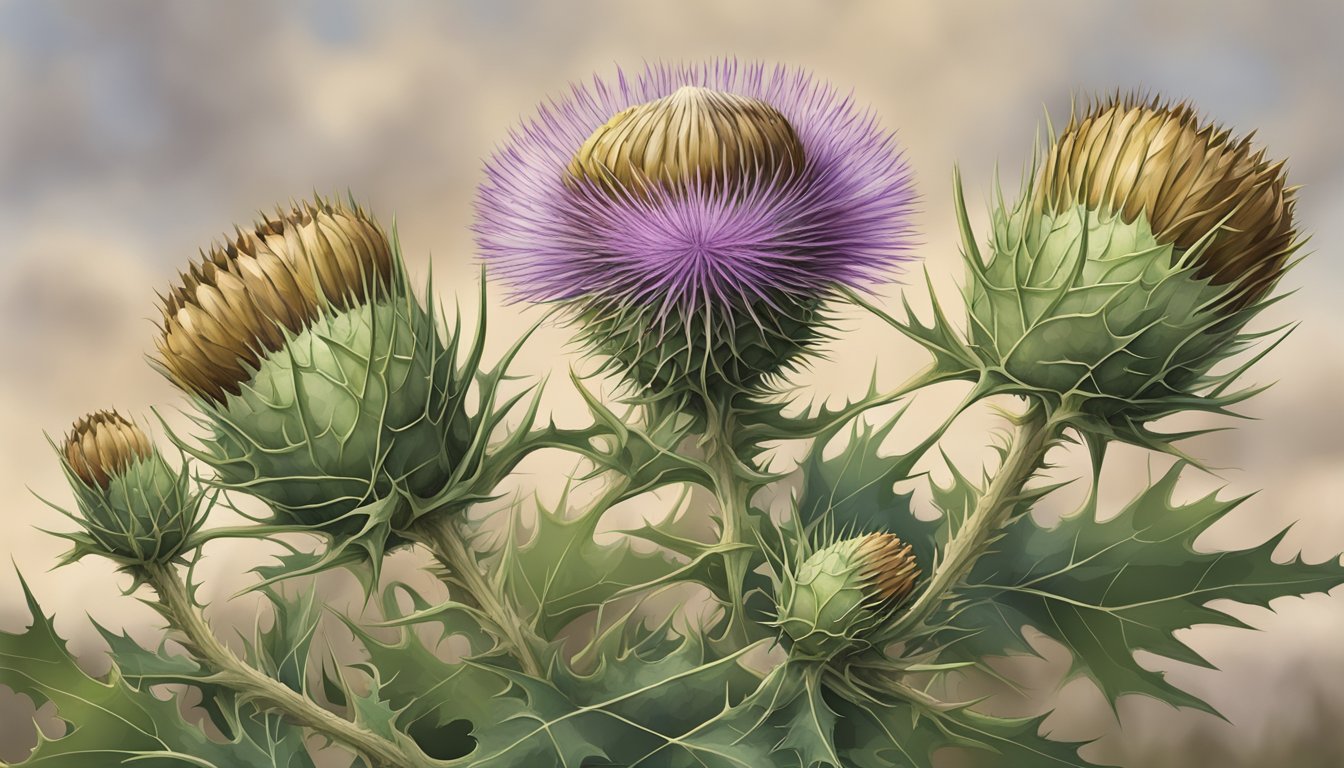 A close-up of a milk thistle plant with mature seeds in a dry, cracked pod, surrounded by other plants in a natural setting