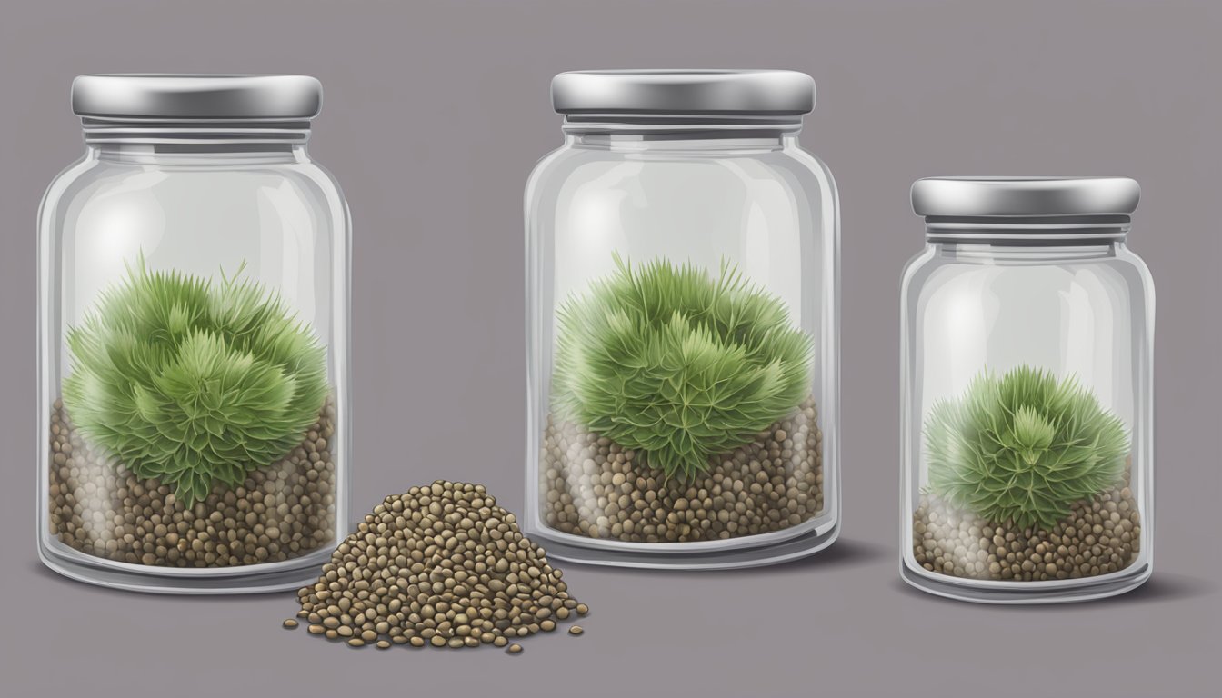 Milk thistle seeds in a glass jar, labeled with expiration date