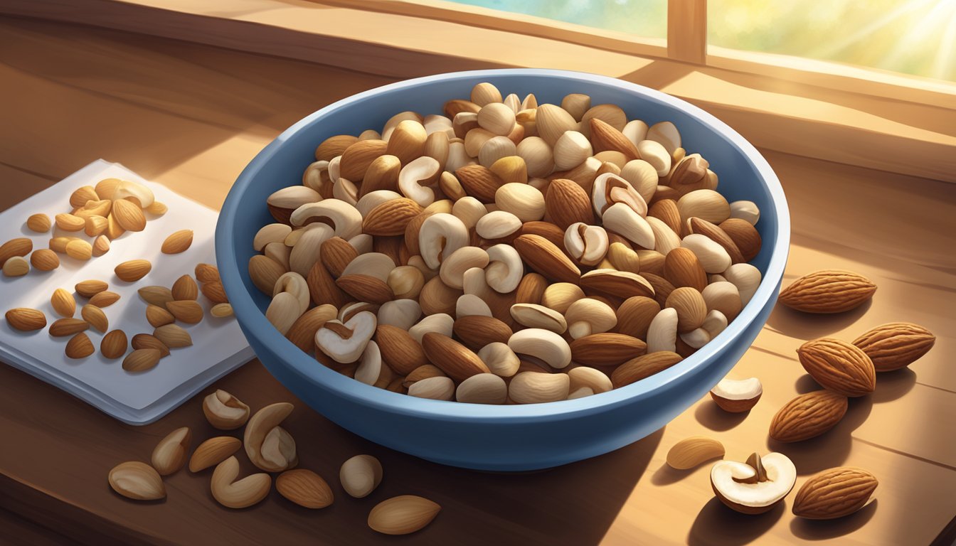 A bowl of mixed nuts sits on a wooden table, surrounded by scattered shells. Sunlight streams through a nearby window, casting a warm glow on the assortment of almonds, cashews, and walnuts