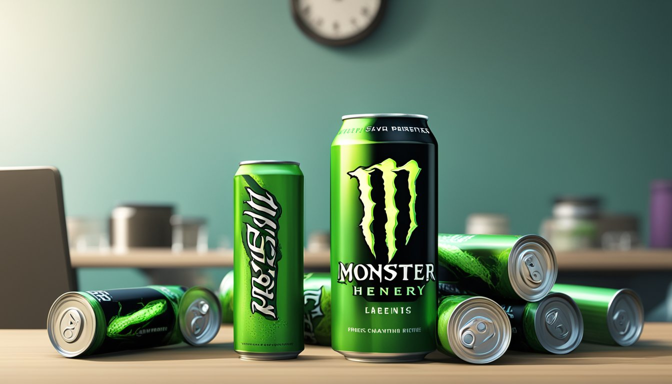 A can of Monster Energy Drink sits on a table, surrounded by scattered empty cans, with a clock in the background showing the passage of time