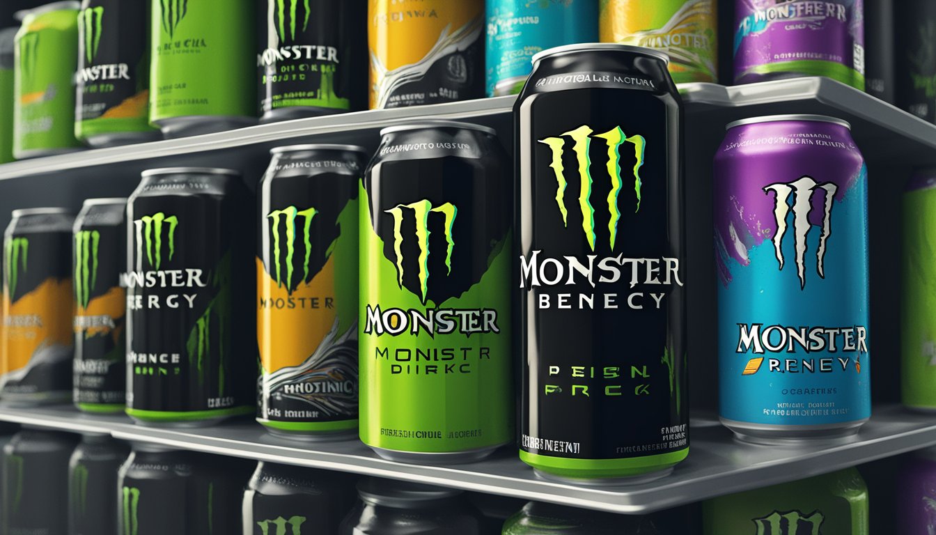 A can of Monster Energy Drink sits on a shelf, surrounded by other beverages. The expiration date is clearly visible on the bottom of the can