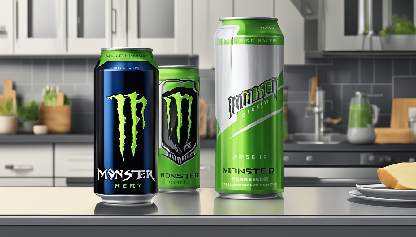 A can of Monster Energy Drink sits on a kitchen counter next to a clock showing the current time