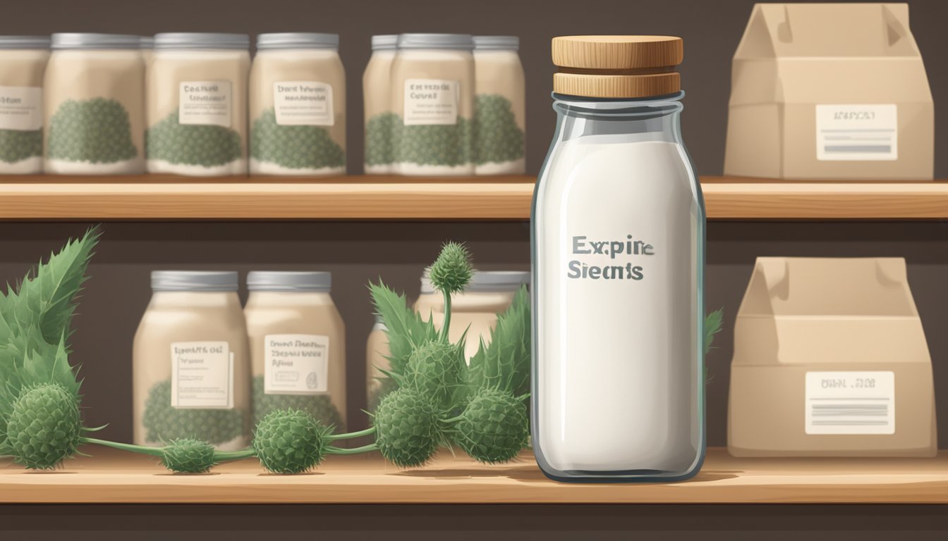 A glass bottle of milk thistle seeds sits on a shelf, with a label indicating the expiration date