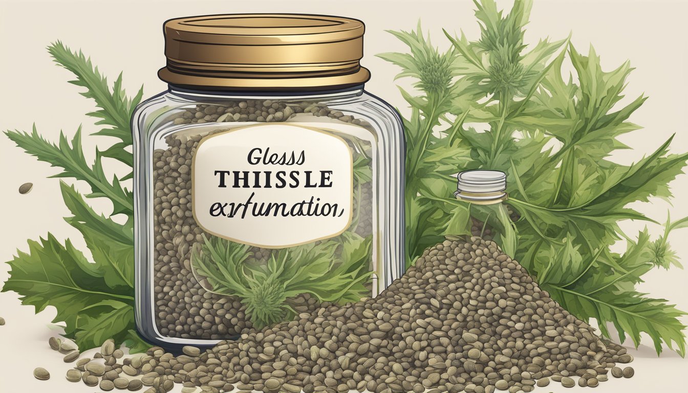 A glass jar filled with milk thistle seeds, labeled with expiration date, surrounded by various herbal supplements