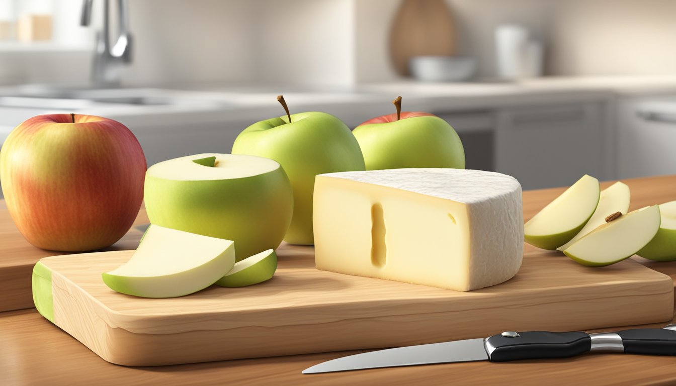 A block of Monterey Jack cheese sits on a wooden cutting board, surrounded by a few wedges of apple and a small pile of crackers