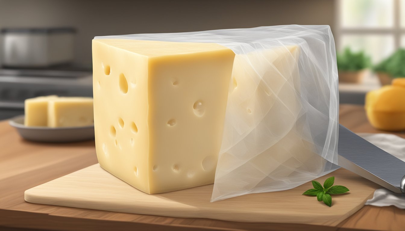 A block of Monterey Jack cheese sits on a wooden cutting board, wrapped in wax paper. A refrigerator with a clear door is visible in the background