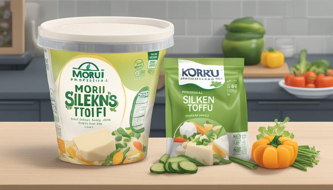 A sealed package of Mori-Nu Silken Tofu sits on a clean, well-lit kitchen counter, surrounded by fresh vegetables and a calendar showing the current date