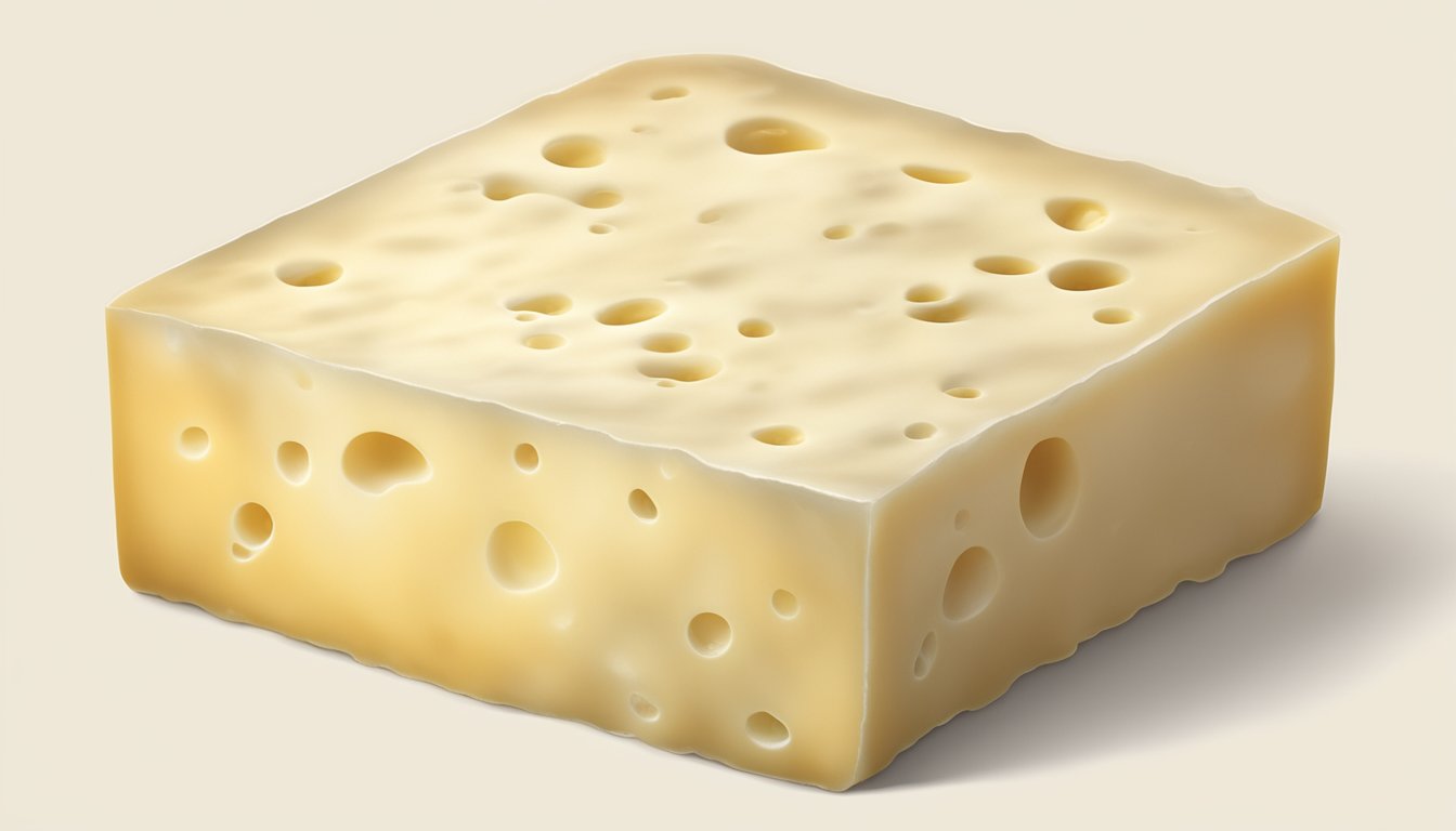 A block of Monterey Jack cheese with visible signs of mold and discoloration