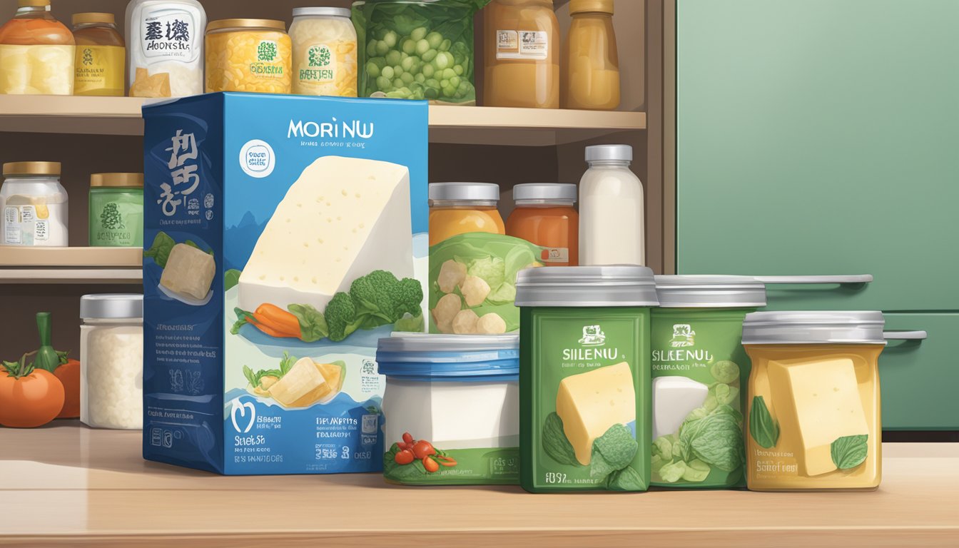 A sealed package of Mori-Nu Silken Tofu sits in a refrigerator next to other produce and condiments