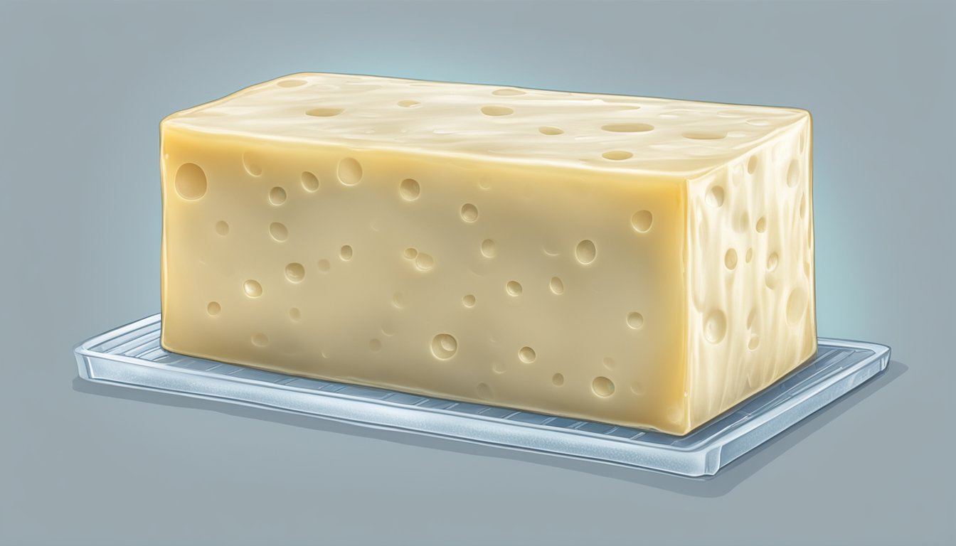 A block of Monterey Jack cheese lies wrapped in plastic on a refrigerator shelf, with frost forming on its surface