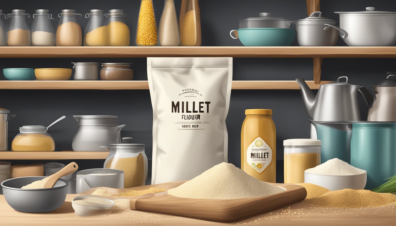 A sealed bag of millet flour sitting on a pantry shelf, surrounded by other baking ingredients and cookware