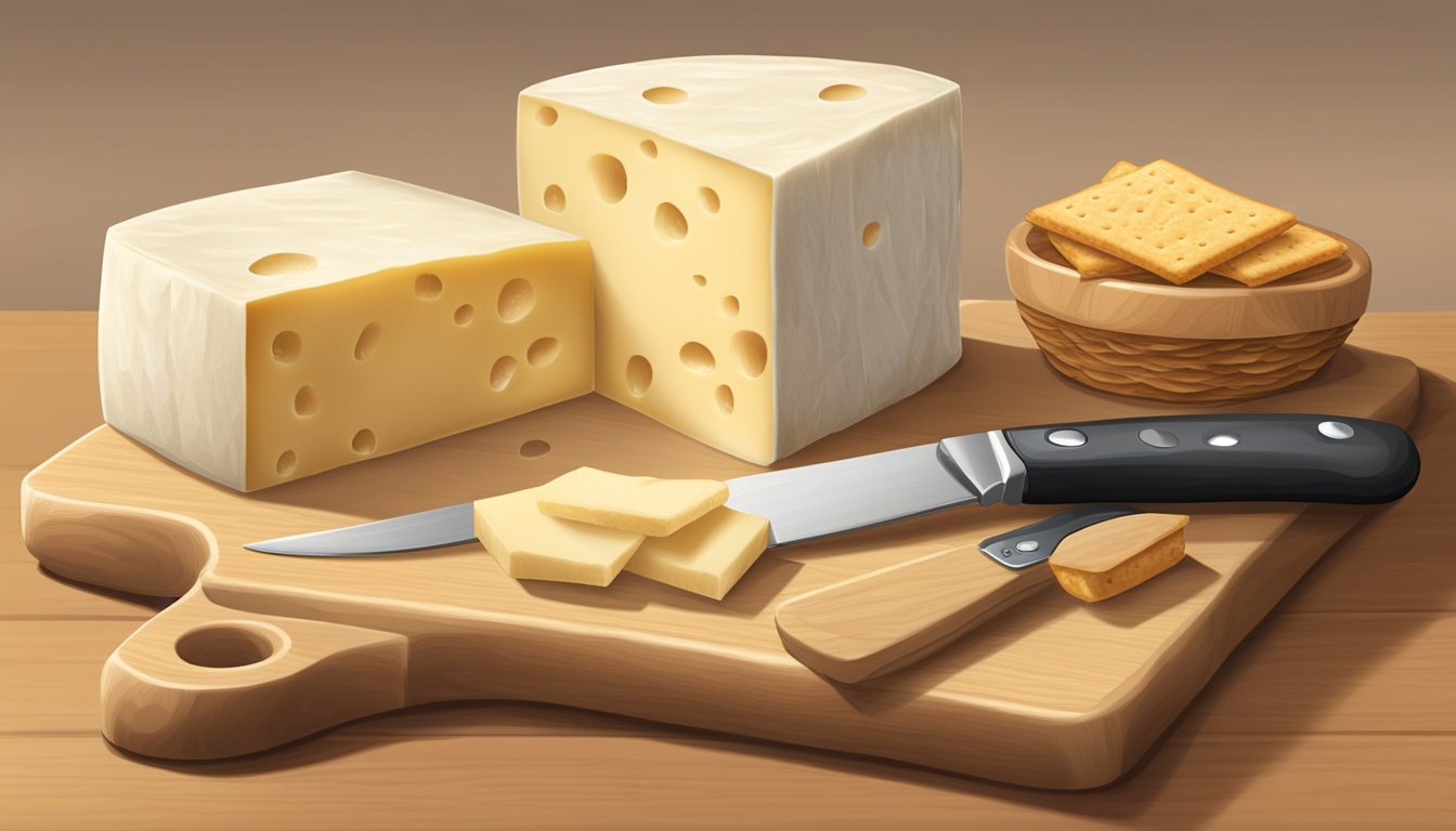 A block of Monterey Jack cheese sits on a wooden cutting board, surrounded by a cheese knife and a container of crackers