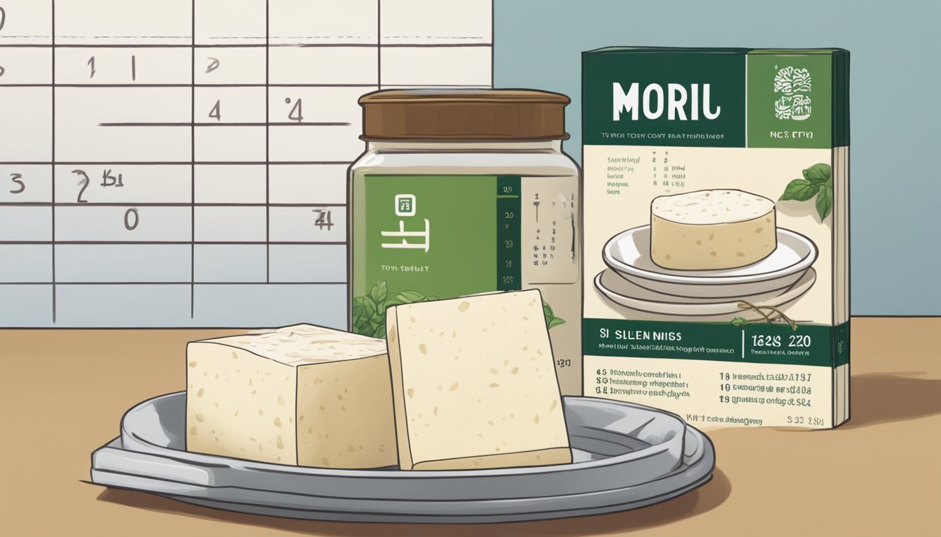 A package of Mori-Nu Silken Tofu sits on a kitchen counter, next to a calendar showing the current date and the date of purchase. The tofu is starting to show signs of spoilage, with a slightly off smell and discolored patches