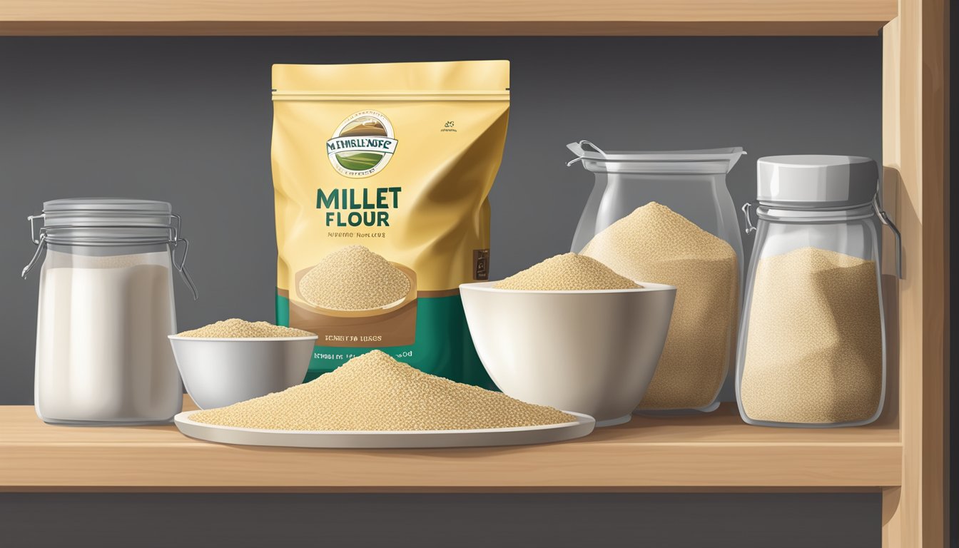 A sealed bag of millet flour on a kitchen shelf, with a best-before date visible