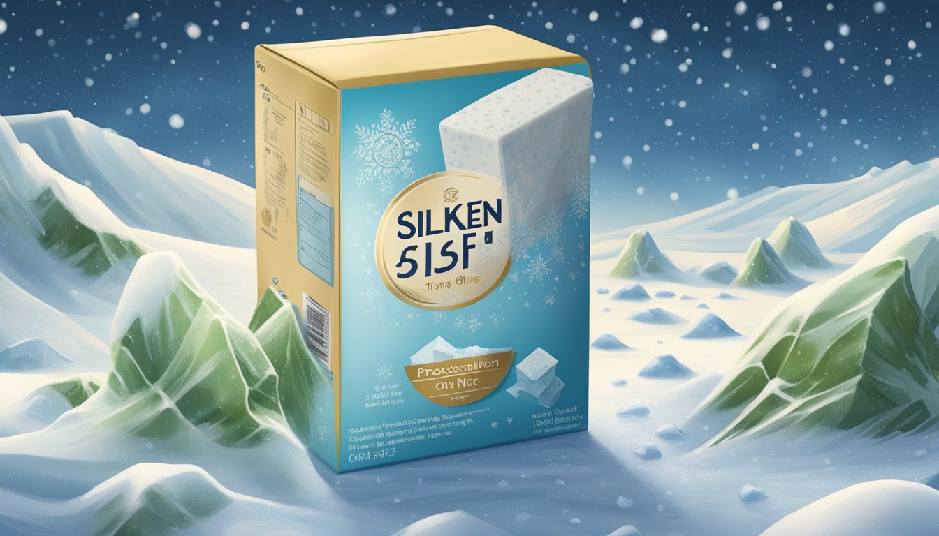 A package of Mori-Nu Silken Tofu sits in a freezer, surrounded by ice crystals. A clock on the wall shows the passage of time