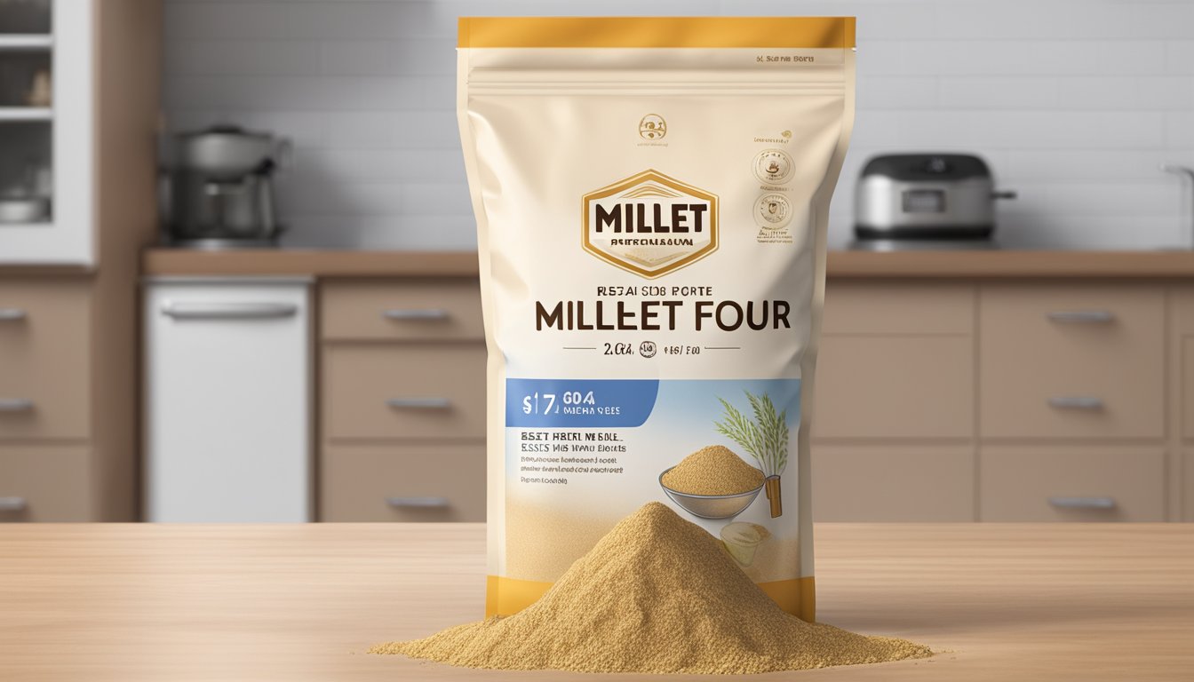 A sealed bag of millet flour on a kitchen counter, with a best before date clearly visible