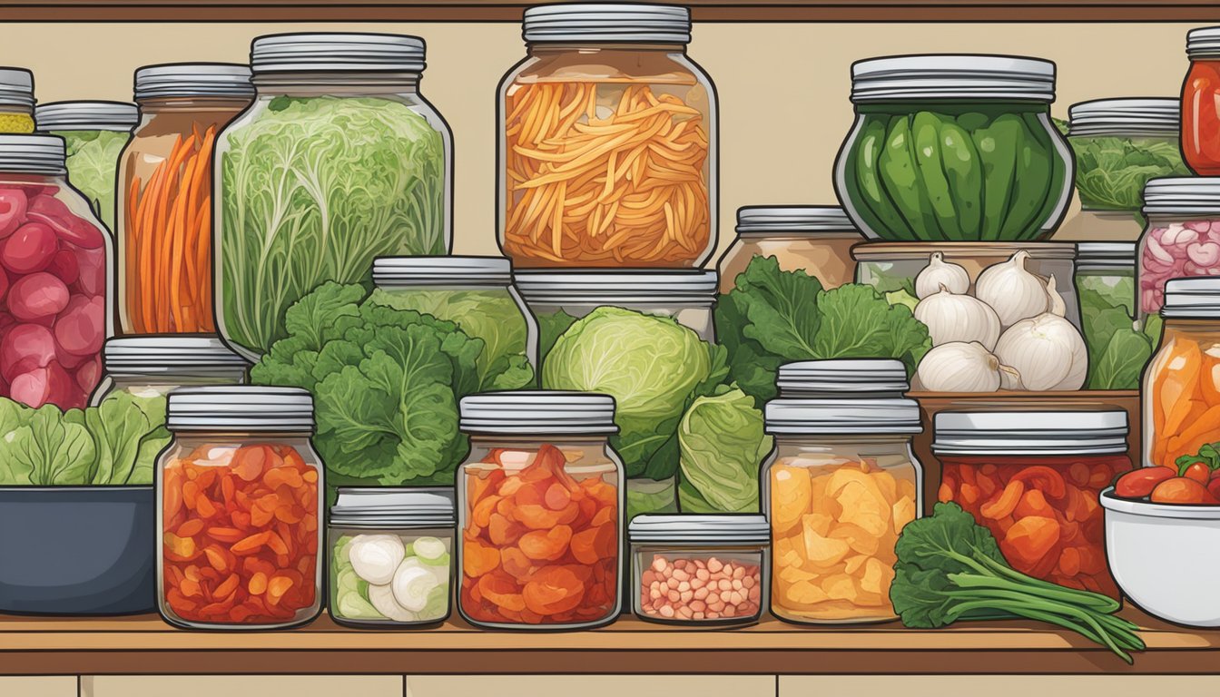 A jar of Mother-in-Law's Kimchi sits on a kitchen shelf, surrounded by various ingredients like cabbage, radish, and chili peppers