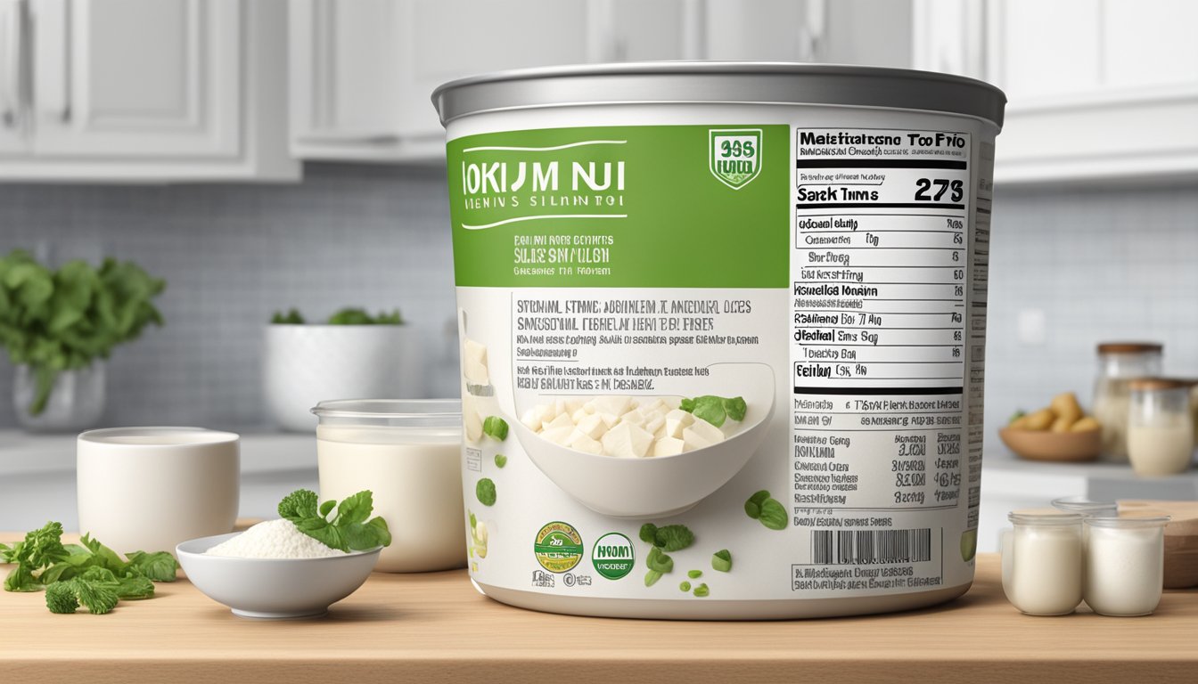 A package of Mori-Nu Silken Tofu sits on a clean, white kitchen counter, surrounded by measuring cups and a nutrition label