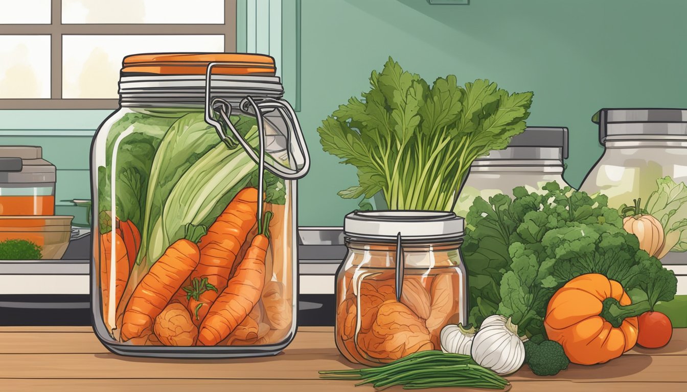 A jar of Mother-in-Law's Kimchi sits on a kitchen counter, surrounded by fresh vegetables and herbs. The vibrant colors and pungent aroma suggest its long-lasting health benefits