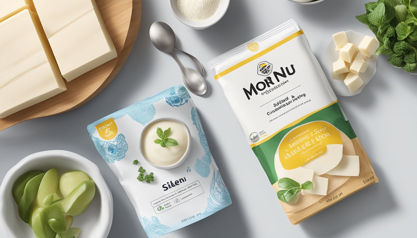 A package of Mori-Nu Silken Tofu sits on a clean, white kitchen counter next to a recipe book and a measuring spoon