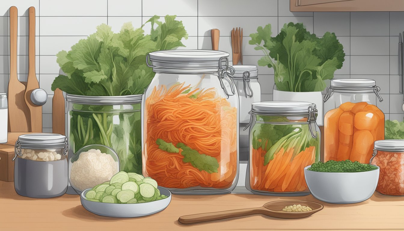 A jar of Mother-in-Law's Kimchi sits on a kitchen counter, surrounded by various fermentation ingredients and utensils