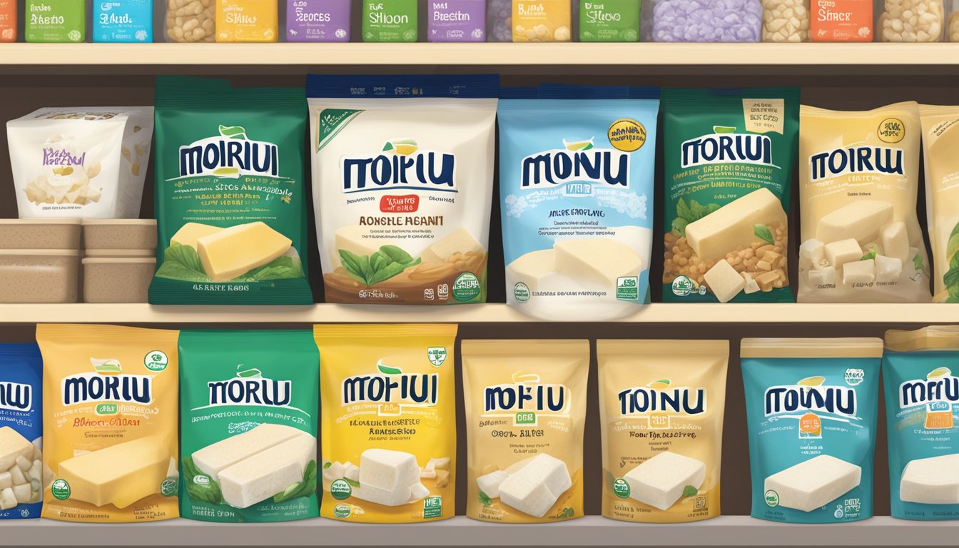 A package of Mori-Nu Silken Tofu sits on a grocery store shelf, surrounded by other tofu products