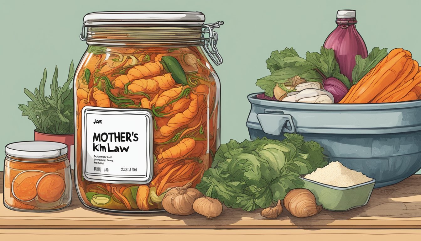 A jar of Mother-in-Law's Kimchi sits on a kitchen shelf, surrounded by various condiments and spices. The kimchi is vibrant and bubbly, with a label indicating the expiration date