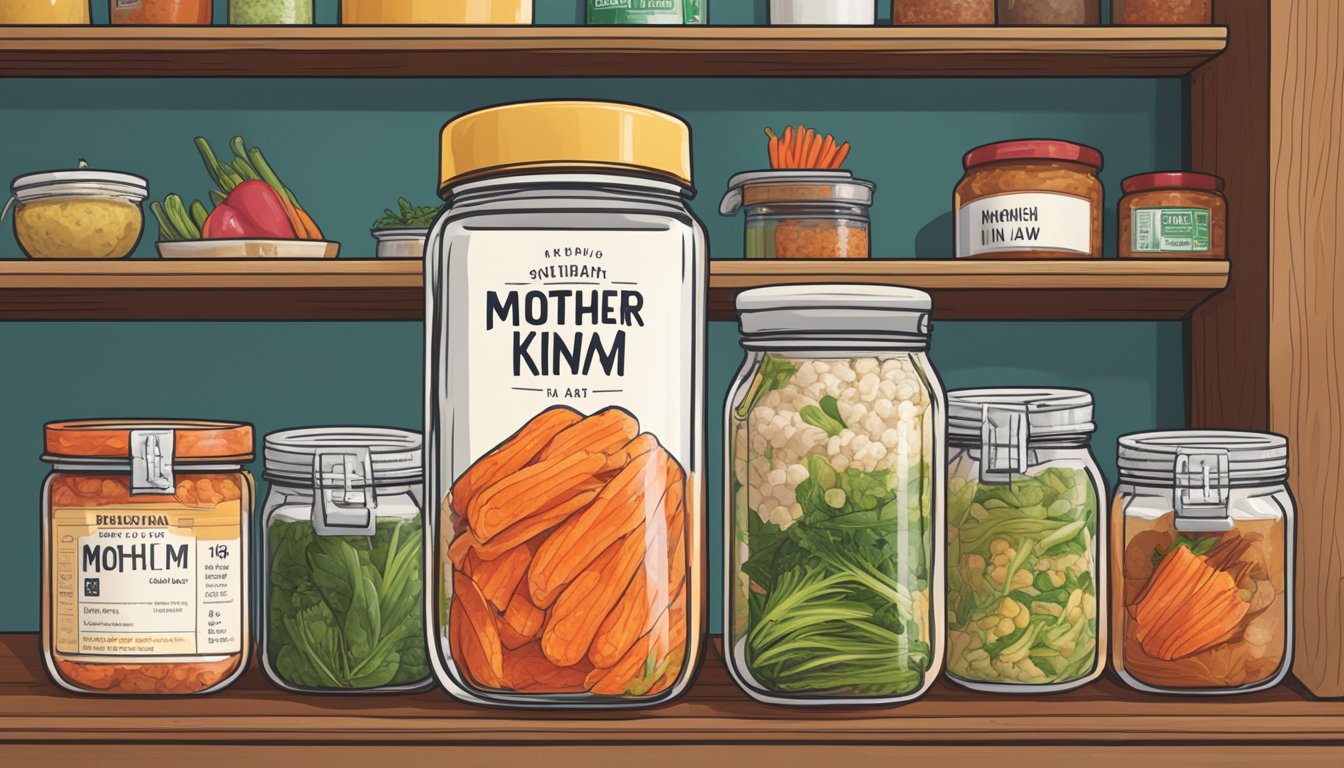 A jar of Mother-in-Law's Kimchi sits on a kitchen shelf, surrounded by other condiments. The label indicates the expiration date, while the vibrant colors hint at the various taste profiles