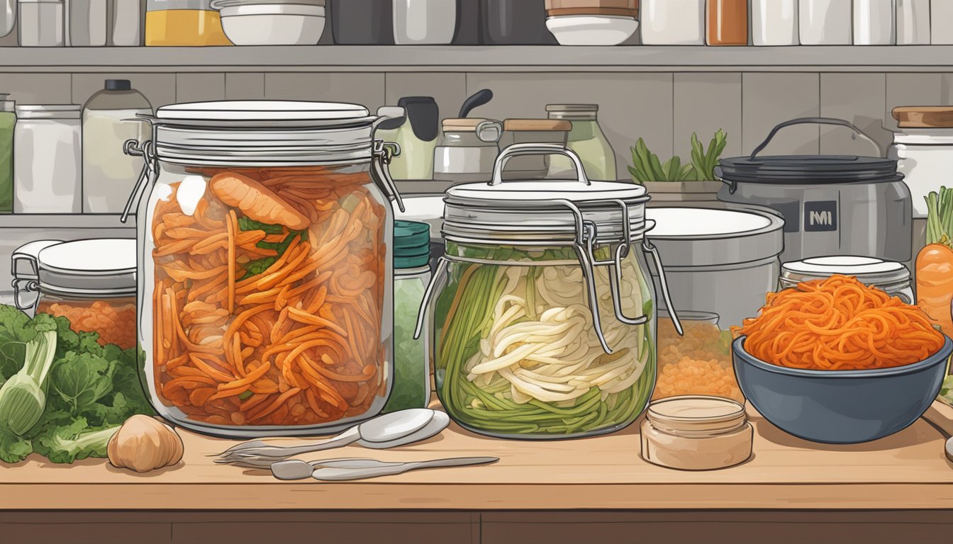 A jar of Mother-in-Law's Kimchi sits on a kitchen counter, surrounded by bowls of various ingredients and utensils for fermenting