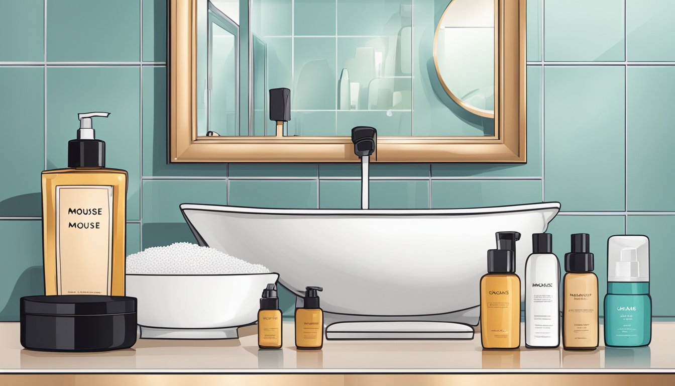 A half-empty bottle of mousse sits on a bathroom shelf, surrounded by hair products and a mirror