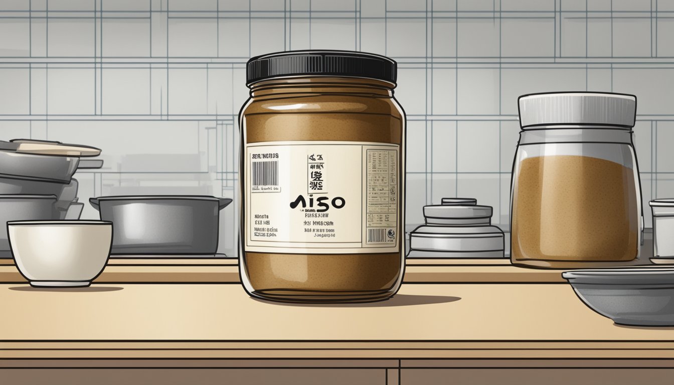 A jar of miso paste sits on a kitchen shelf, unopened and sealed. The expiration date is clearly visible on the label