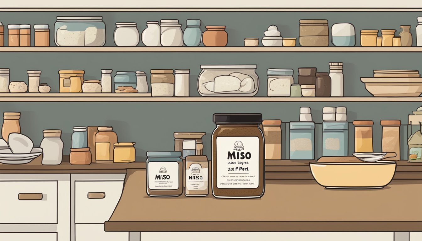 A jar of miso paste sits on a kitchen shelf, surrounded by other condiments. The label indicates the expiration date, while the paste inside appears smooth and creamy