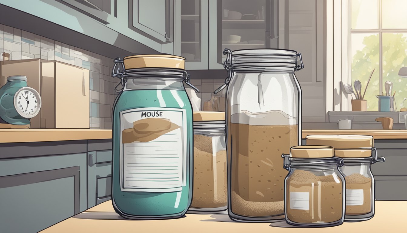 A jar of mousse sits on a kitchen counter, surrounded by various expiration date labels and a calendar. A clock on the wall ticks away in the background