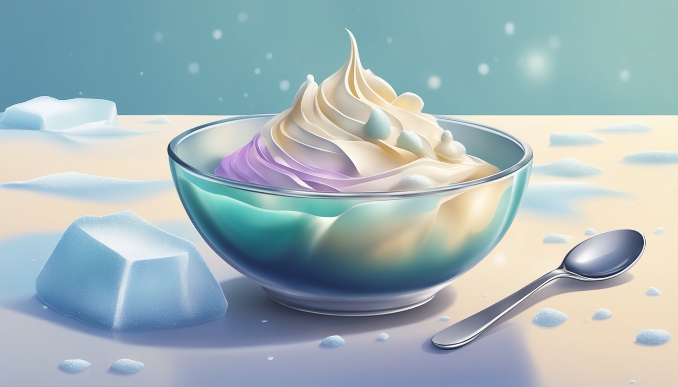 A bowl of mousse sits on a frosty surface, surrounded by melting ice