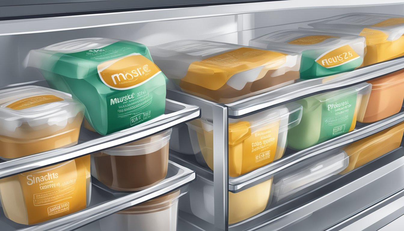 A sealed container of mousse sits in a refrigerator, with a visible expiration date label