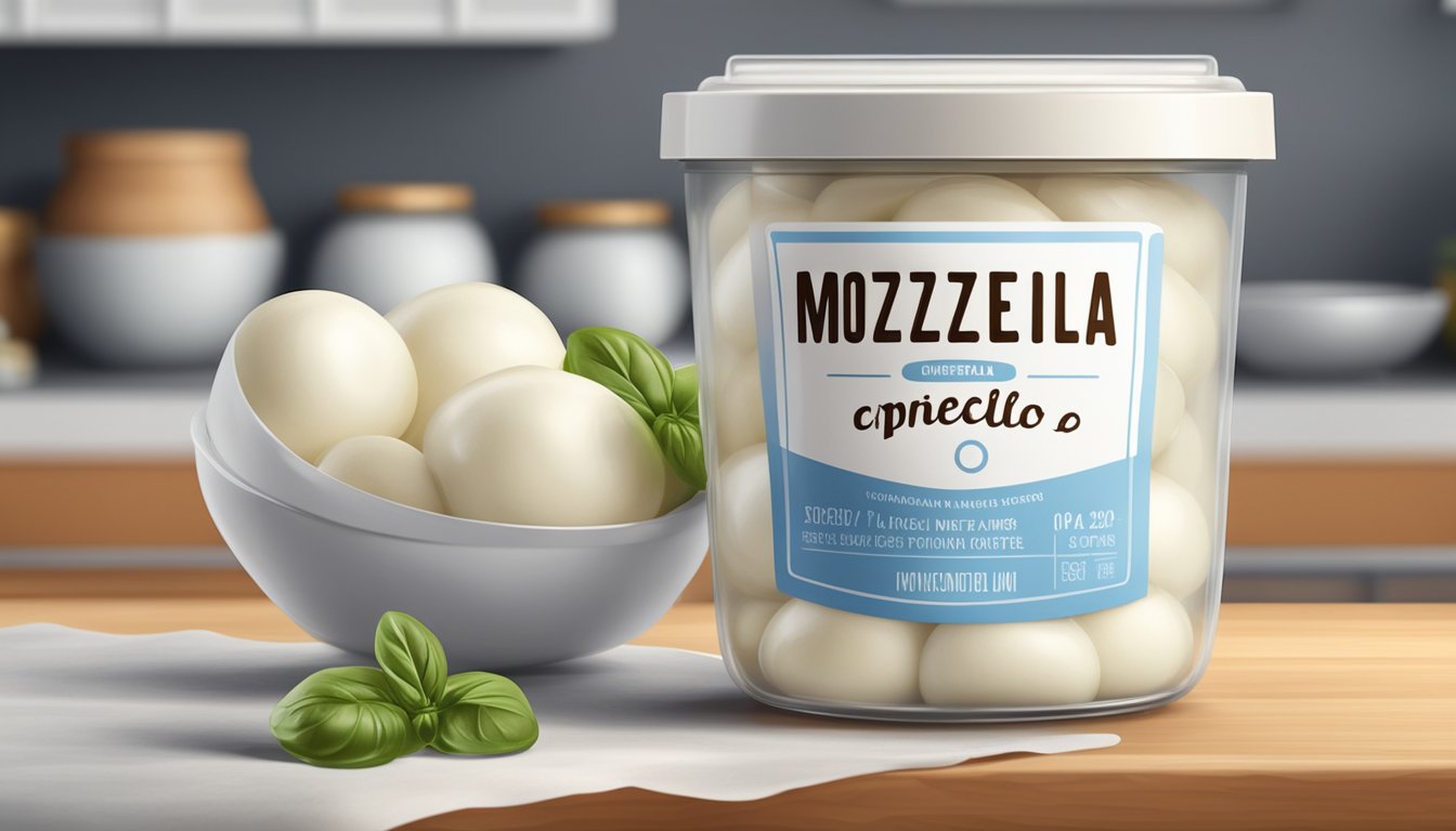 Mozzarella in a sealed container with an expiration date on a kitchen counter