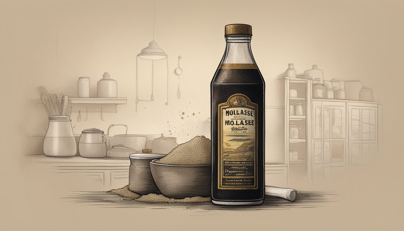 A bottle of molasses sits on a kitchen shelf, covered in dust and cobwebs. The label is faded and peeling, indicating its long neglect