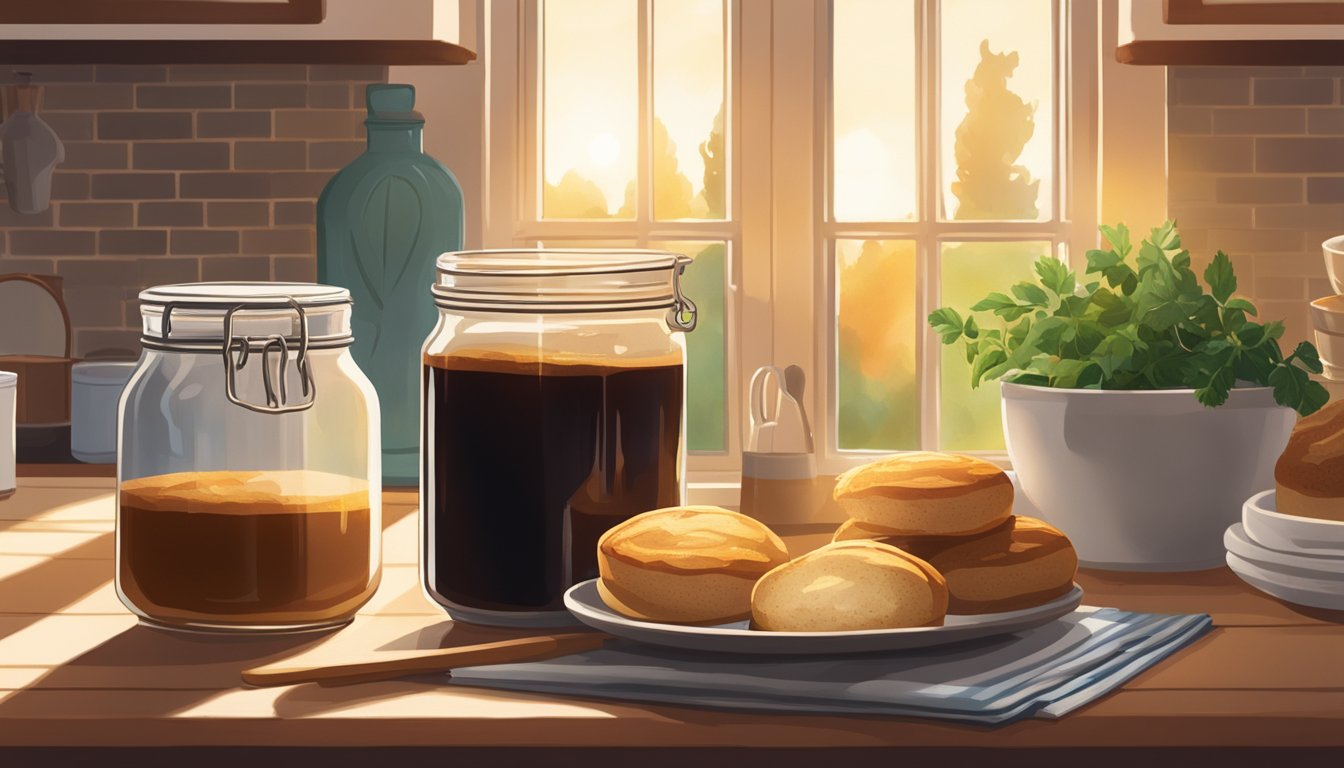 A jar of molasses sits on a kitchen counter, next to an open cookbook and various baking ingredients. The warm glow of the afternoon sun filters through the window, casting a soft light on the scene