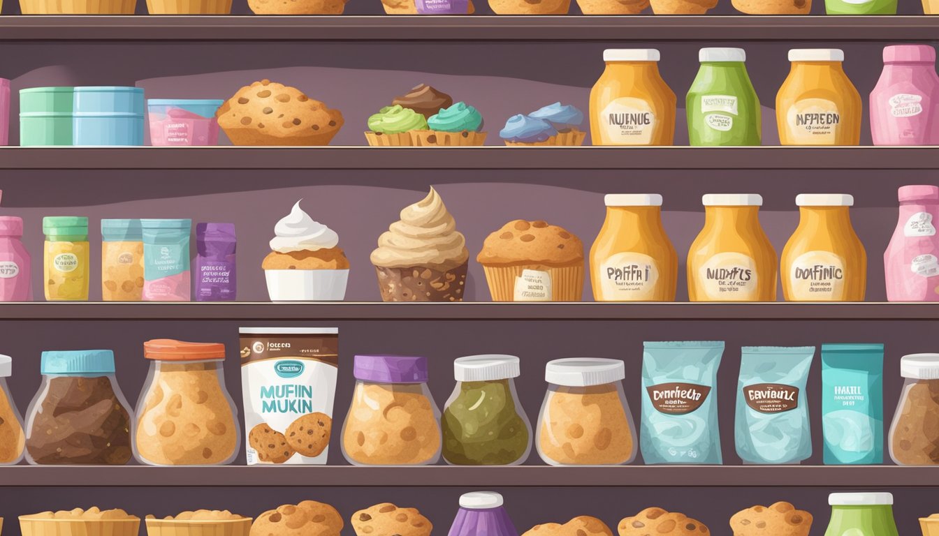 A shelf with a box of muffin mix, surrounded by various expired and spoiled food items