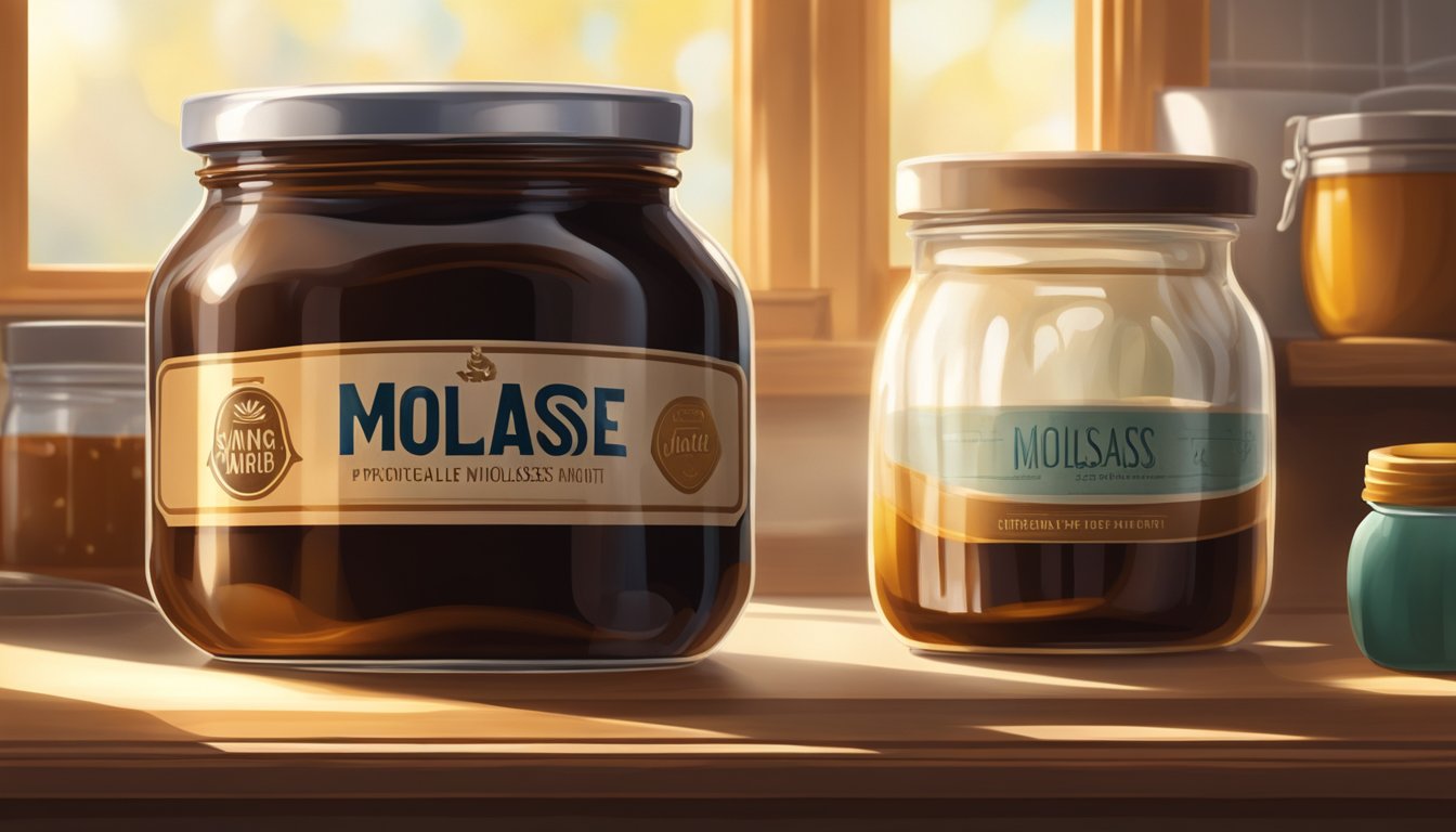 A jar of molasses sits on a kitchen shelf, sealed and unopened. Sunlight filters through the window, casting a warm glow on the sticky, amber liquid