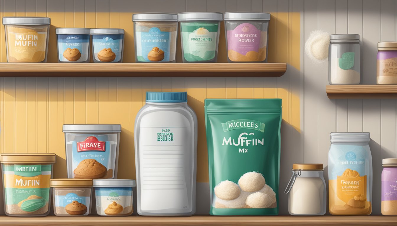 A sealed bag of muffin mix sits on a pantry shelf, surrounded by various ingredients like flour, sugar, and baking powder. A calendar on the wall shows the passage of time