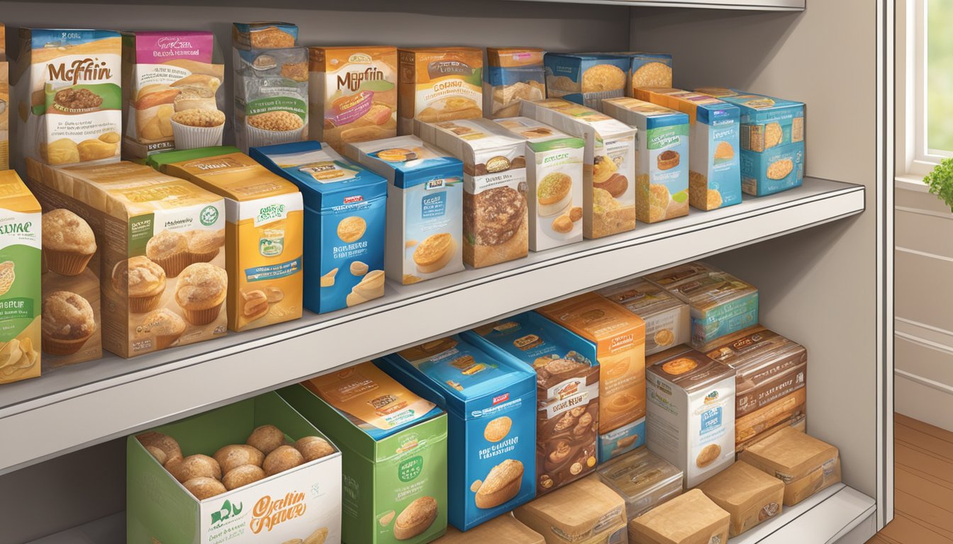 A kitchen pantry with rows of muffin mix boxes, some opened and partially used, others still sealed, with expiration dates clearly visible