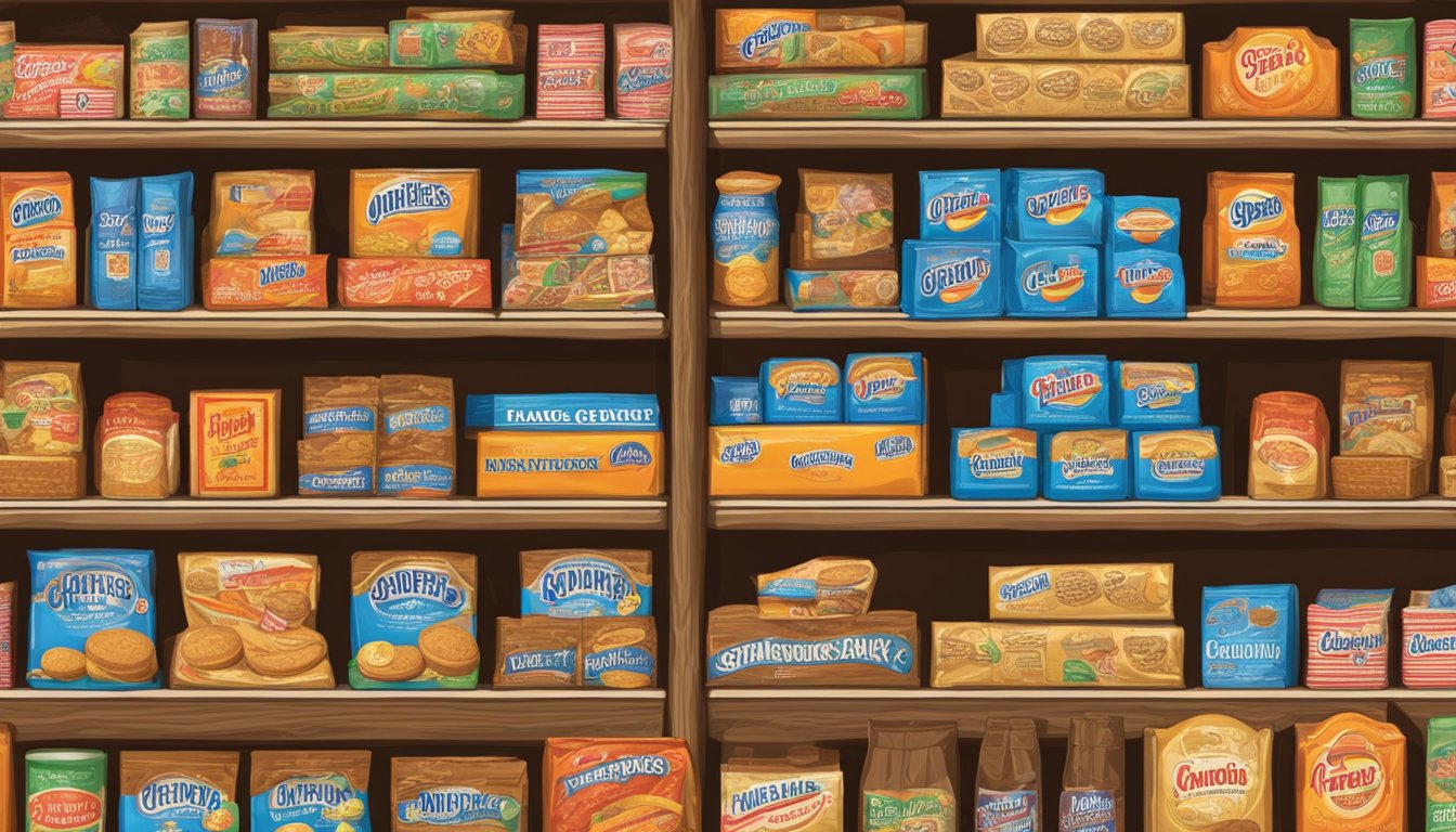 A vintage general store shelf displays Moon Pies in their original packaging, surrounded by old-fashioned candy and soda