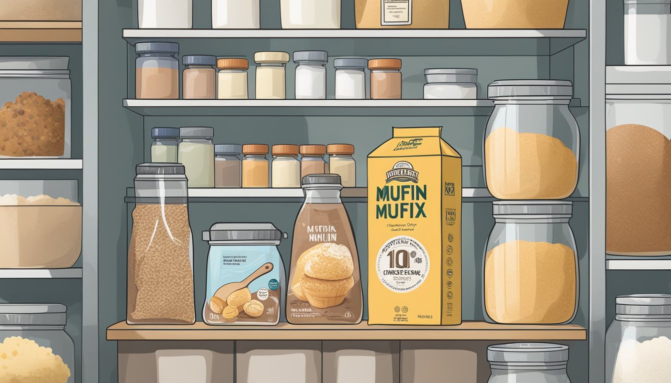 A sealed bag of muffin mix sits on a pantry shelf, surrounded by other baking ingredients. The expiration date is visible on the packaging