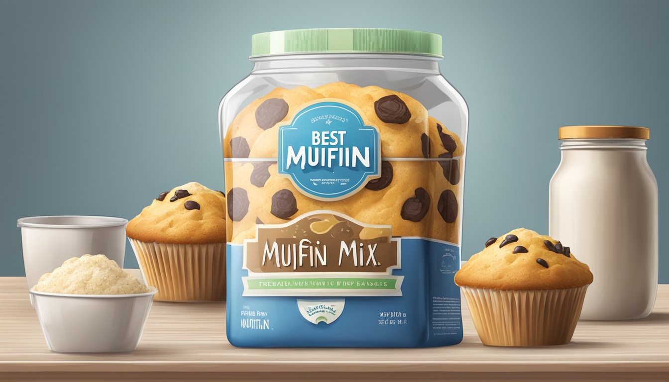 A bag of muffin mix with a best-by date, surrounded by fresh ingredients and a sealed container for storage