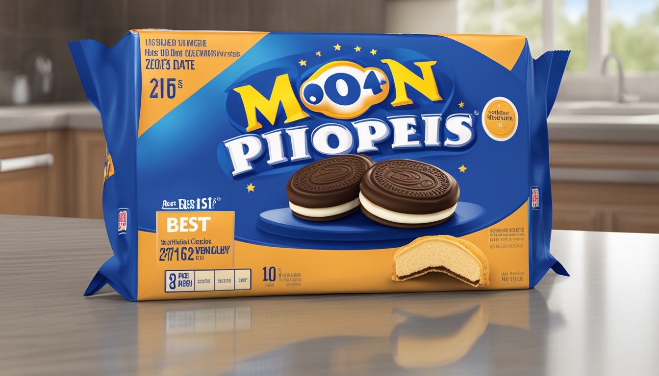 A package of Moon Pies sits on a kitchen counter, surrounded by a calendar and a clock, with a "best by" date clearly visible on the packaging