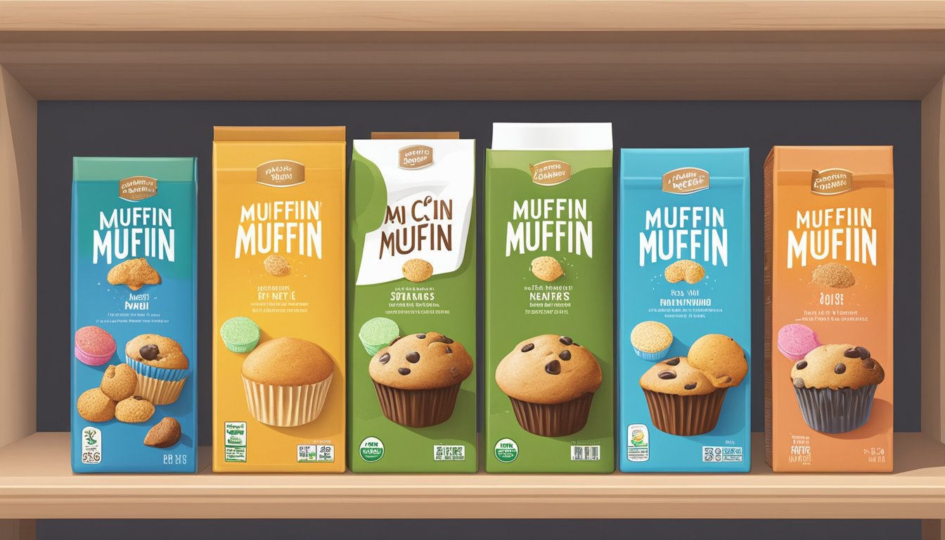 A pantry shelf with various muffin mix boxes, some opened and partially used, with expiration dates visible