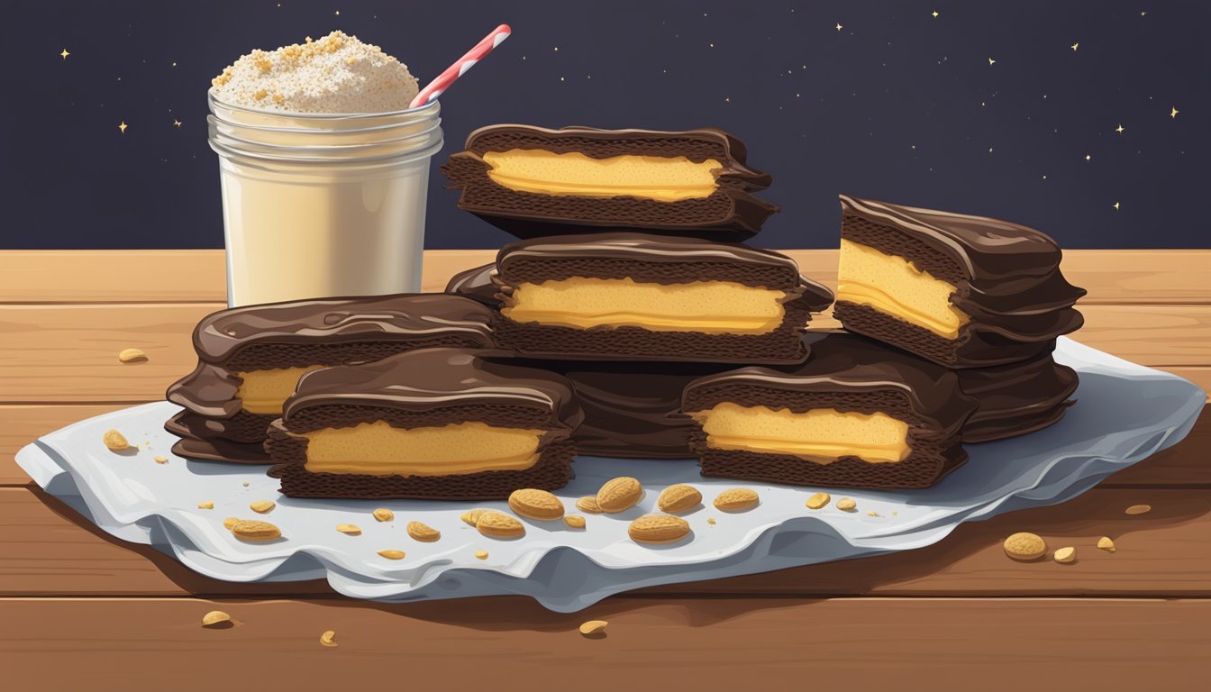 A stack of Moon Pies on a rustic wooden table, with one unwrapped and a bite taken out, crumbs scattered around